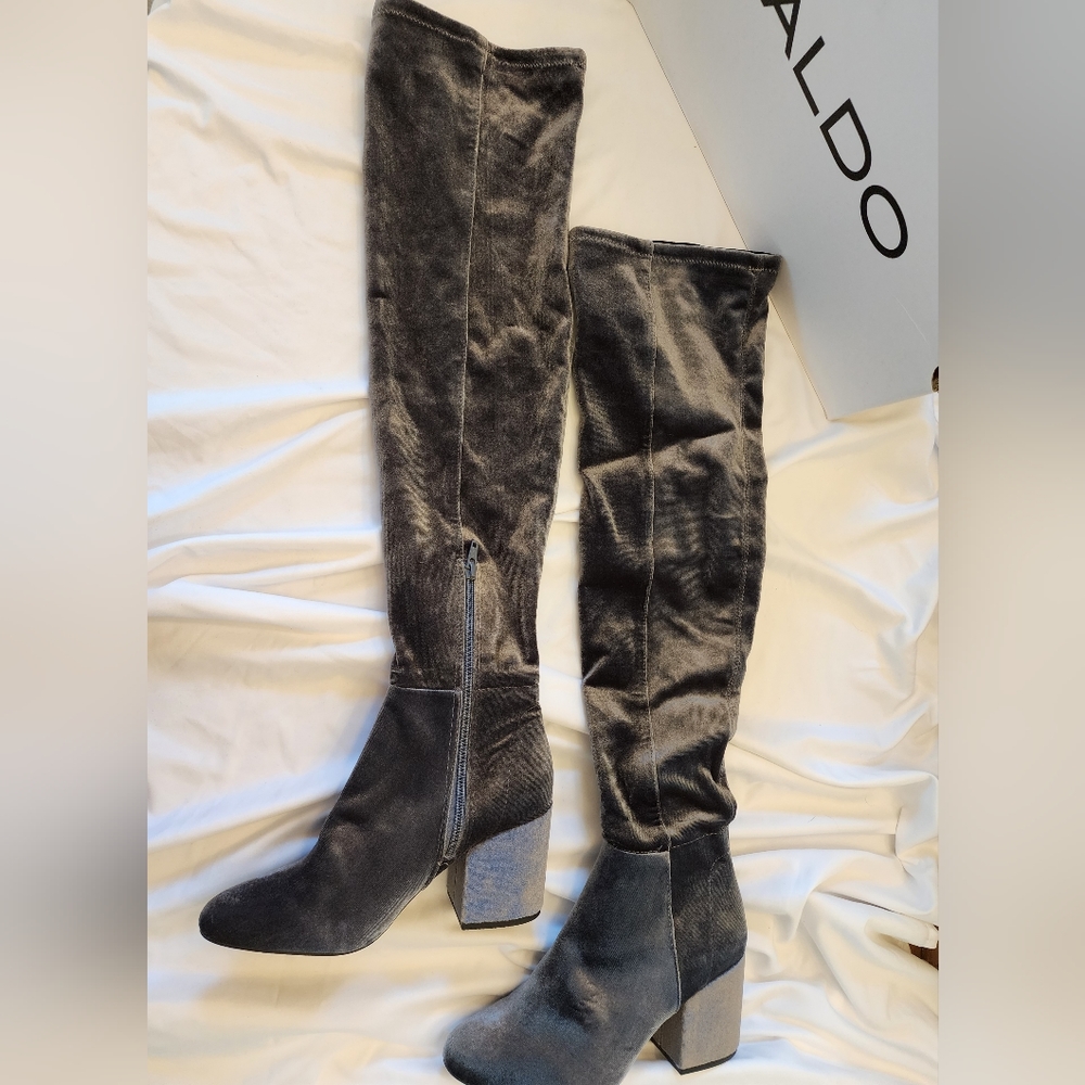 NEW ALDO Belinna Over the Knee Boots,  Silver Grey Suede, Size 6.5, 3" Heels